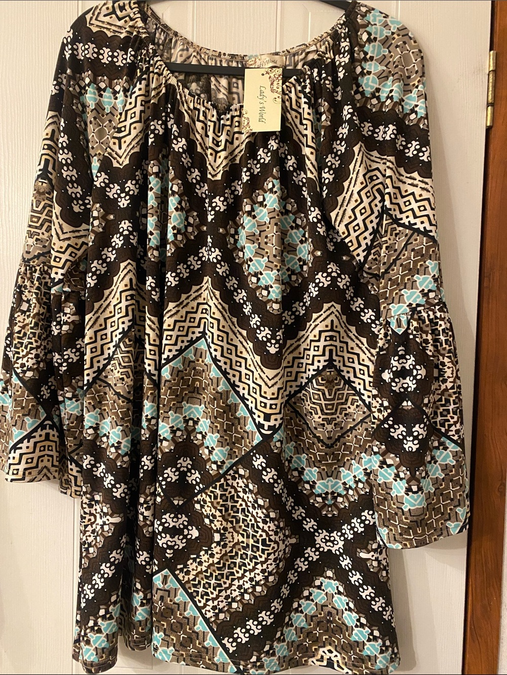 Women's Brown/Cream Geometric Print Dress with Aqua Accents Large